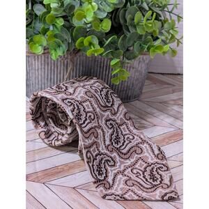 Vintage 100% Dacron Polyester Brown Tan White Paisley Necktie Tie Textured VTG